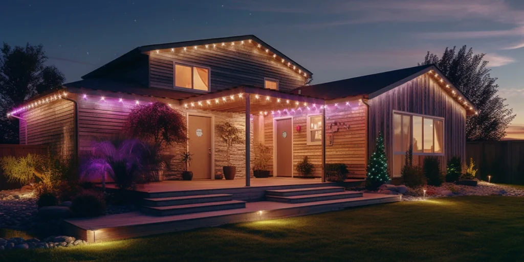 Modern wooden house at dusk with permanent LED lights decorating the roofline and porch, surrounded by landscaped plants and a glowing lawn.